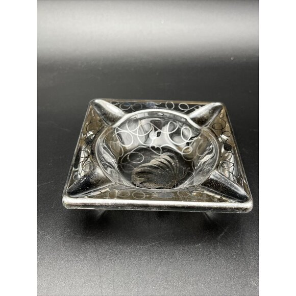 Vintage Art Nouveau Floral Butterfly Clear Glass Silver Overlay Square Ashtray - Picture 2 of 5